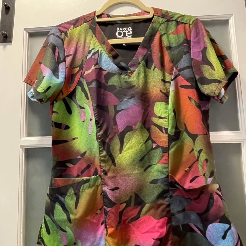 Barco Uniforms Multicolor Leaf Print Scrub Top